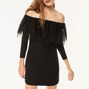 ZARA Black Off-The-Shoulder Tulle Neck Mini Dress